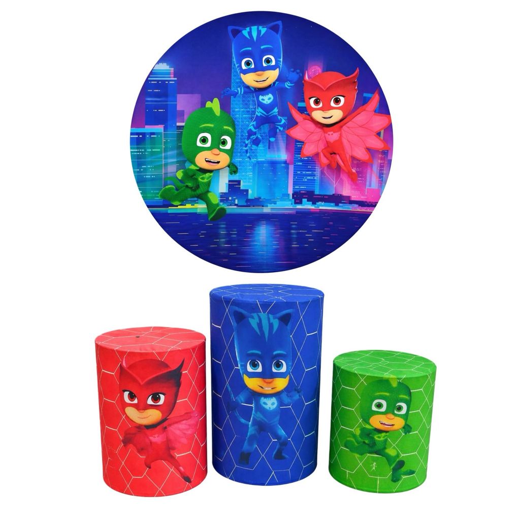 Kit Painel Festa Pegue Monte Trio Cilindro Pj Mask Pijamas Máscaras Infantil Criança Amigos Menino Menina Desenho Colori