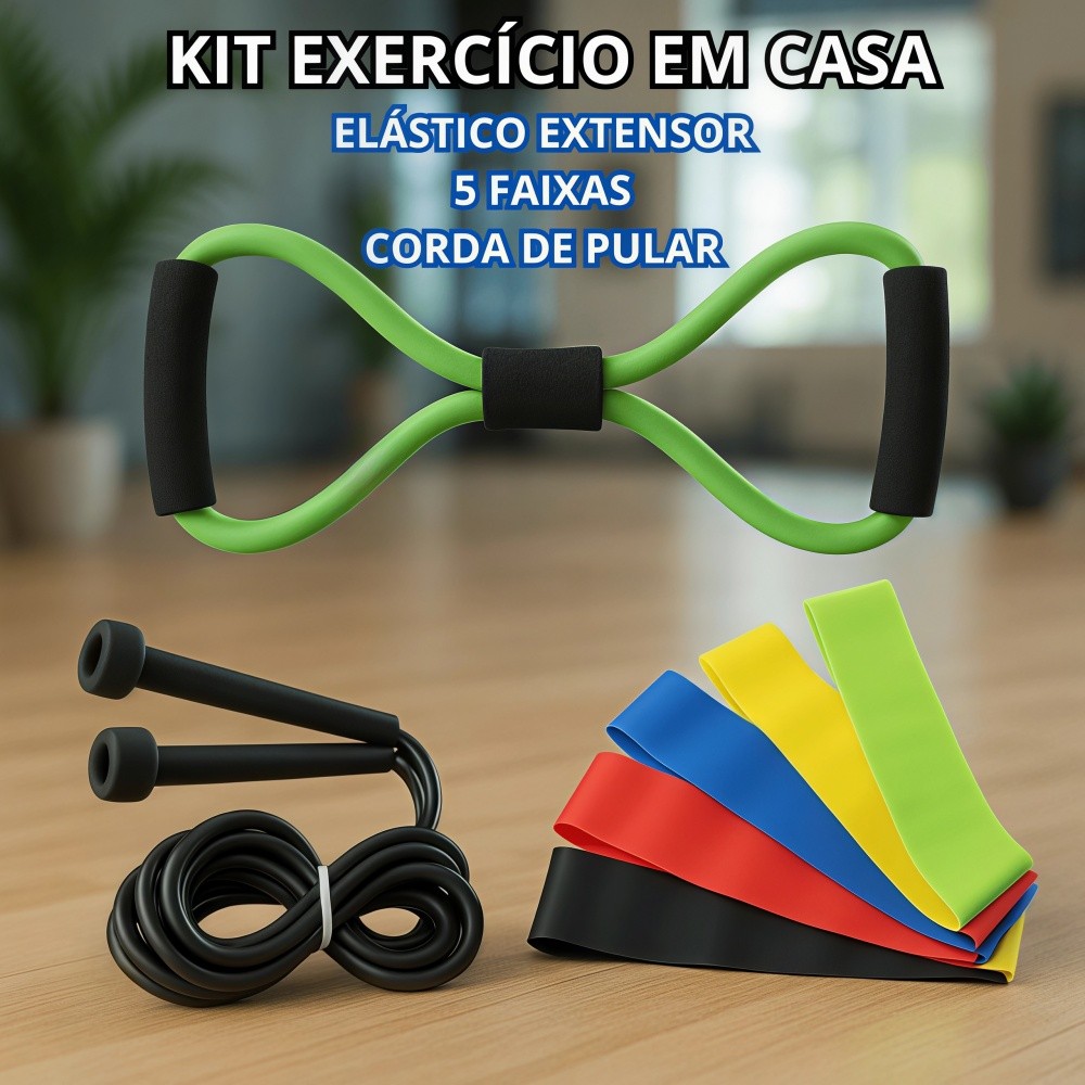 Imagem Kit Treino Casa Completo: Elástico Extensor Cross Tube + 5 Faixas + Corda de Pular