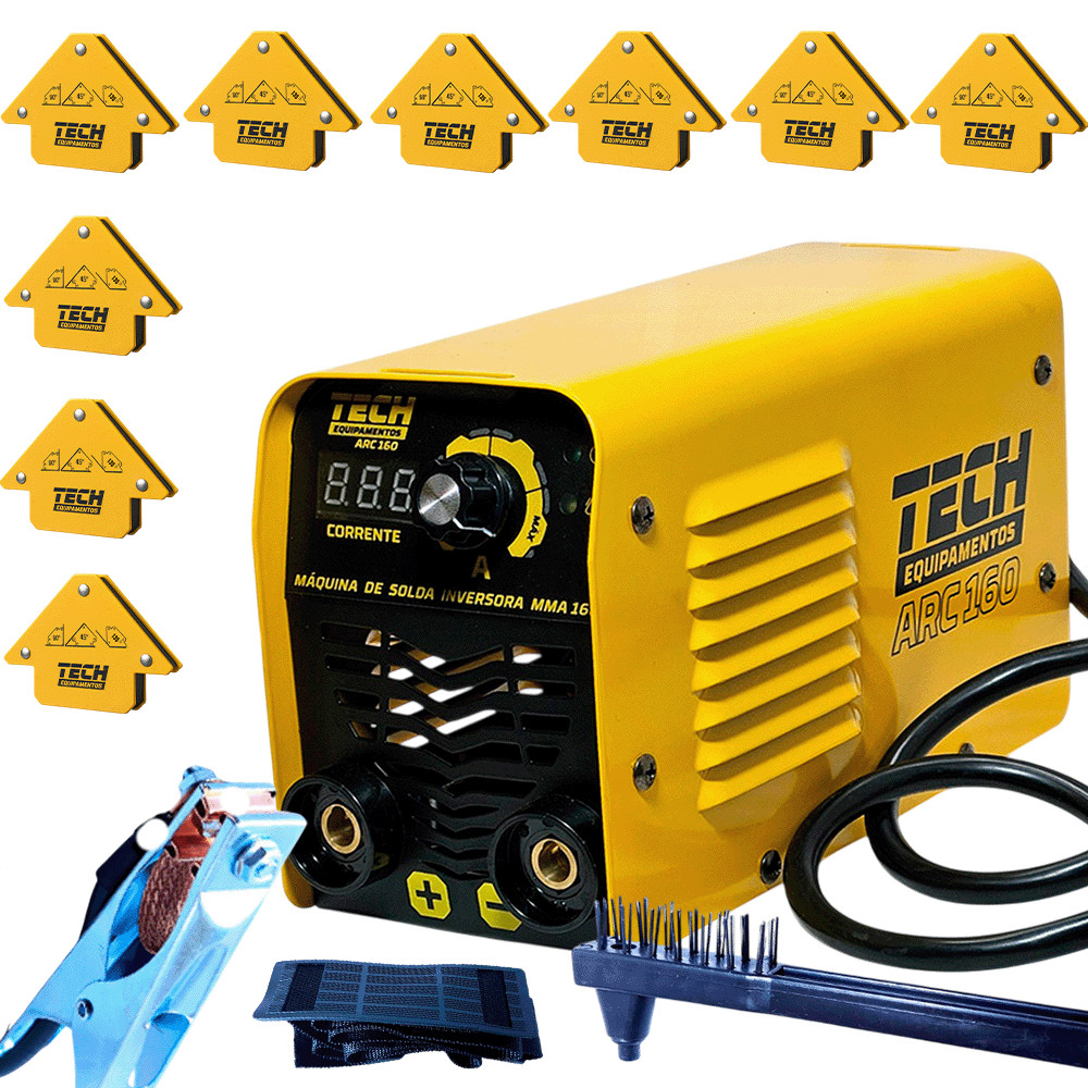 Kit inversora Solda ARC 160 TECH 220V com 9 Esquadros Magnéticos 12kg Porta Eletrodo Garra Máscara