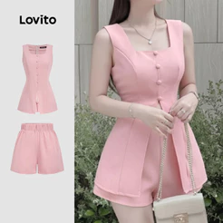 Lovito Elegante Tops ou Bottoms com Botão Primavera/verão Rosa para Mulheres L164ED380