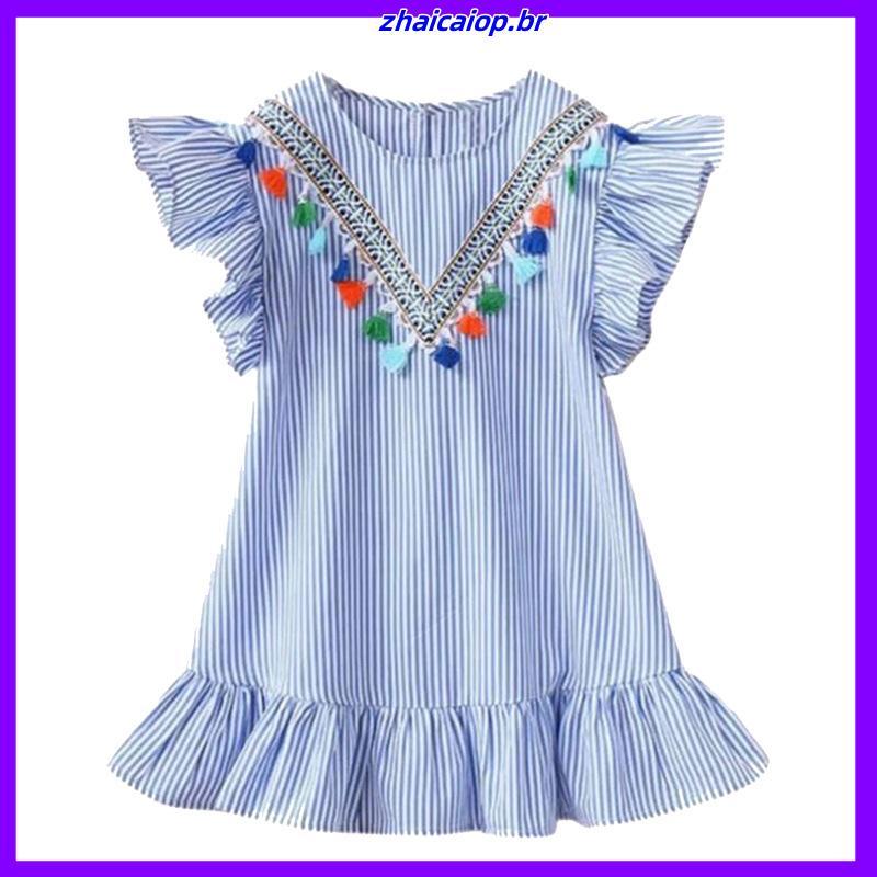 Vestido Infantil Azul Claro Listrado Invertido Manga Com Babado Festas Aniversário Luxo