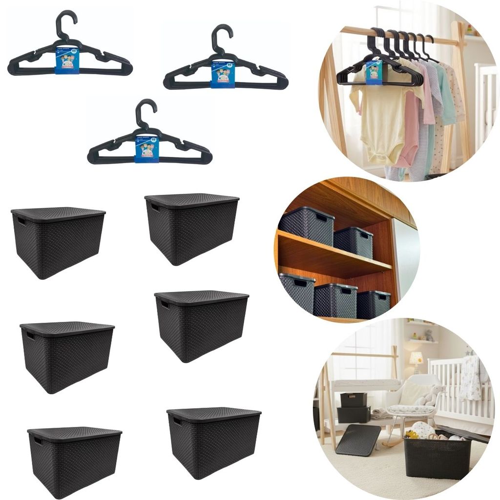 6 Caixa Organizadora 7 Litros Rattan Preta + 15 Cabides infantil