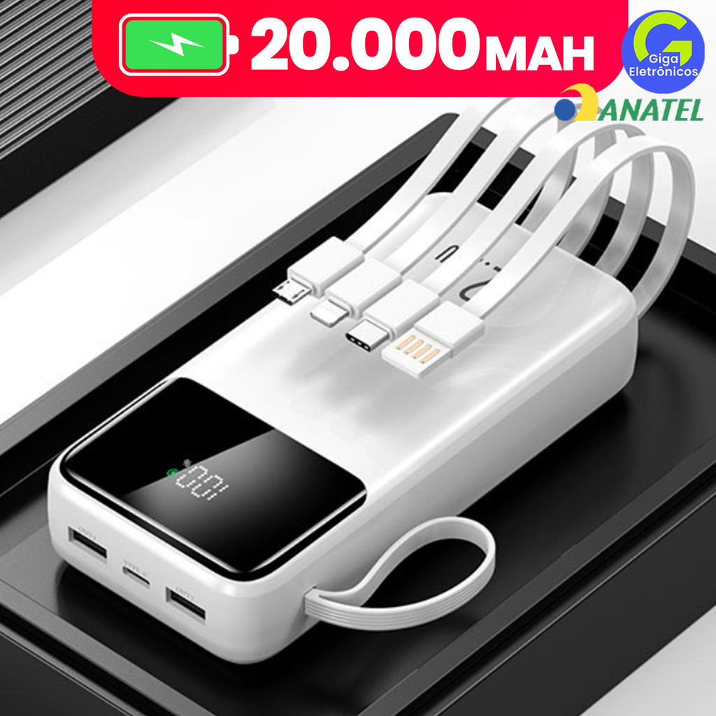 Power Bank 20000mAh com Visor Digital: Carregamento Ultra-Rápido e 4 Portas USB, Carregador Portátil