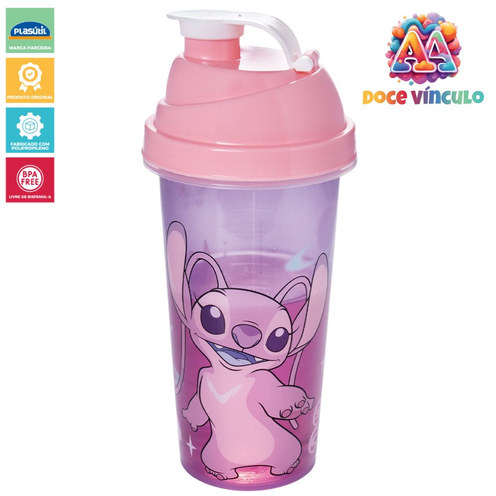 Copo Shakeira Infantil Angel 580ml com Tampa e Misturador Livre de BPA Garrafa Lancheira Plasútil
