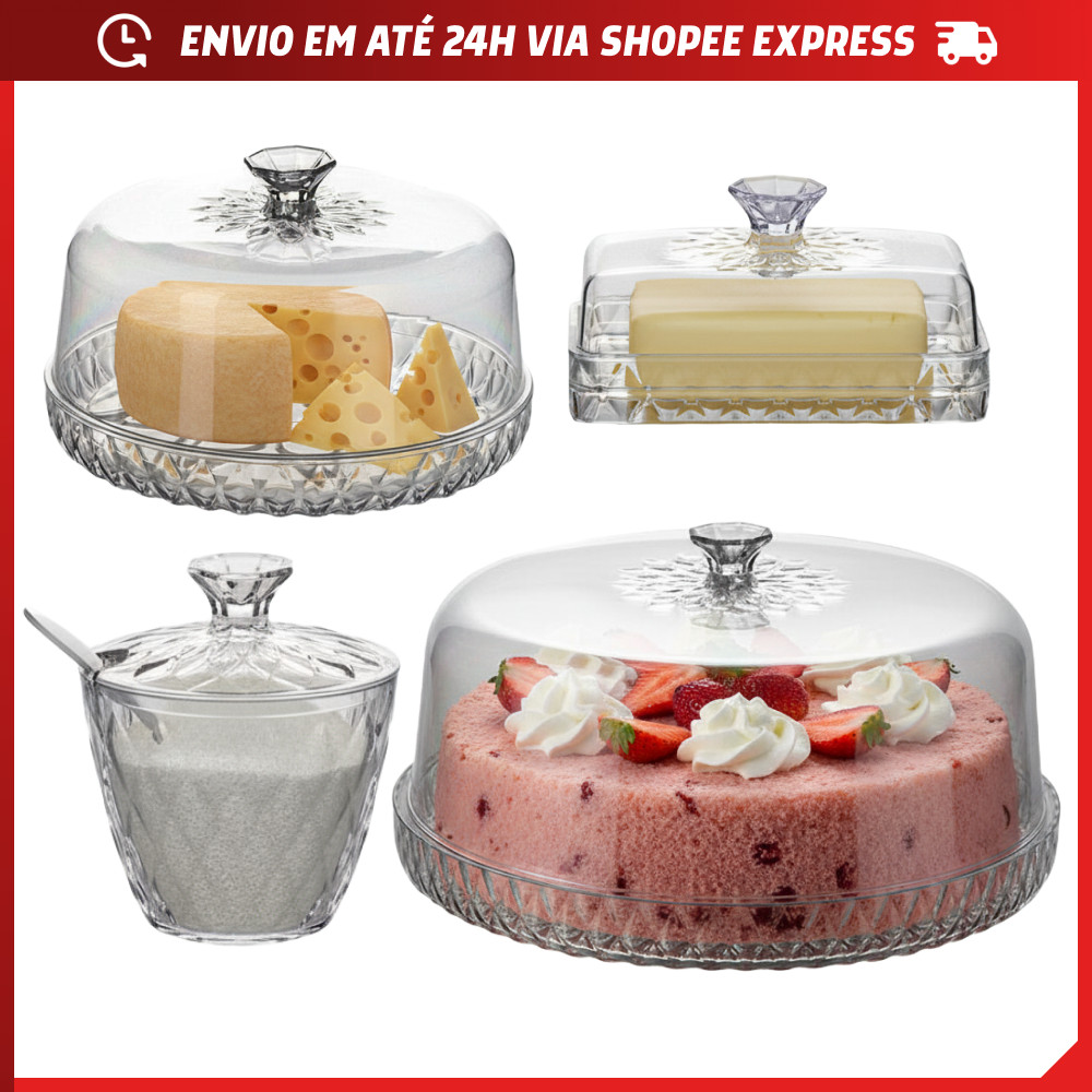 Kit Mesa Posta Queijeira Boleira Açucareiro Manteigueira Incolor Glamour 4 ou 2 Peças Plasútil