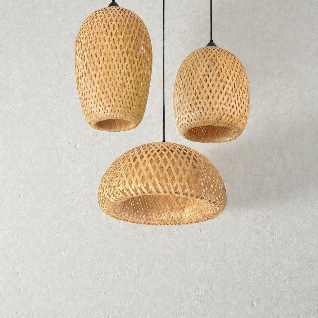 Conjunto Lustre Bambu Rattan 3un Pendente Luminária de Teto Lustre Artesanal Sala Cozinha Área Festa em Oferta na Shopee