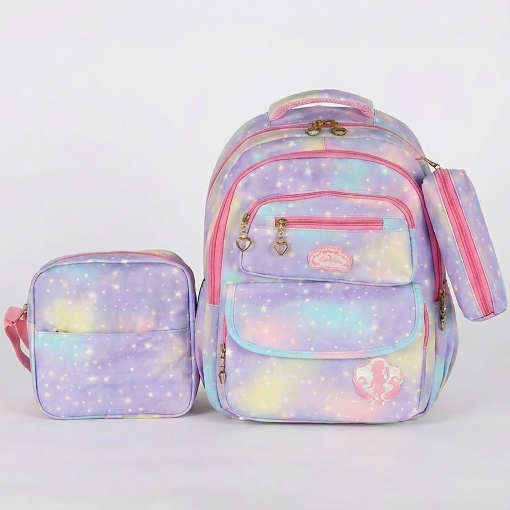 Kit Mochila Escolar Com Lancheira Estojo Juvenil Infantil Menina Reforçada Bolso Tie Dye Fofa Tippi