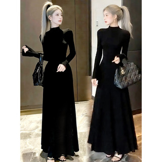 Design sentimento manga larga grande balanço vestido feminino outono inverno temperamento quente meia gola alta saia lon