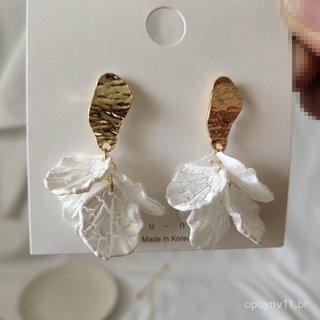 Brincos de flor em forma de pétala estilo resort com efeito craquelado coreano, brincos de couro, brincos femininos excl
