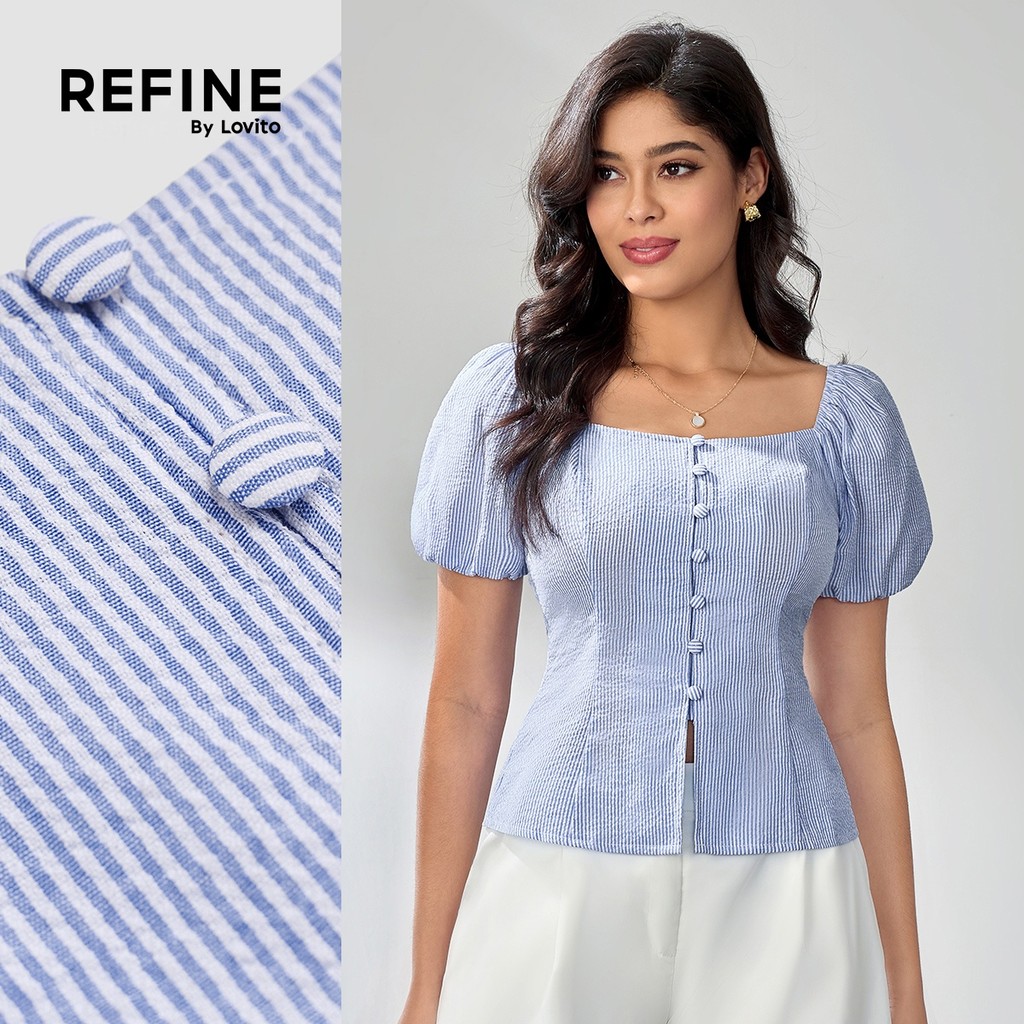 (Refine by Lovito) Blusa Elegante De Algodão Listrada Com Amarração E Tecido Texturizado Para Mulheres LR4LD114