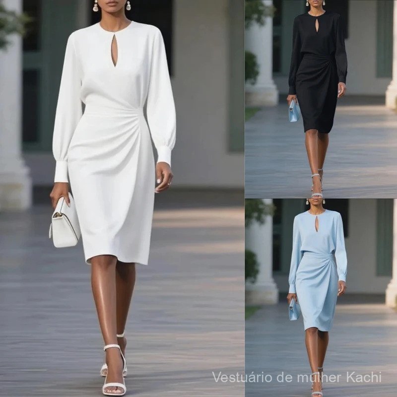 Vestido Elegante Feminino com Decote Redondo, Mangas Longas e Recortes, Vestido de Escritório Feminino, Vestido Longo Sl