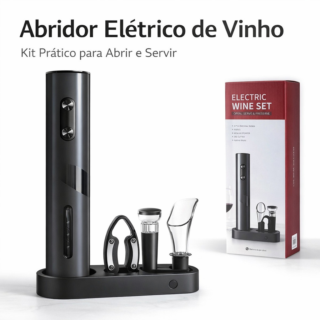 Abridor de Vinho Elétrico Kit 4 em 1 com Corta Lacre Bico Dosador e Base
