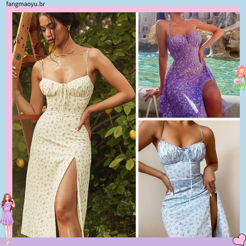 Vestido Feminina Gestante Midi Flotral com Fendas e A  justes Nas Costas