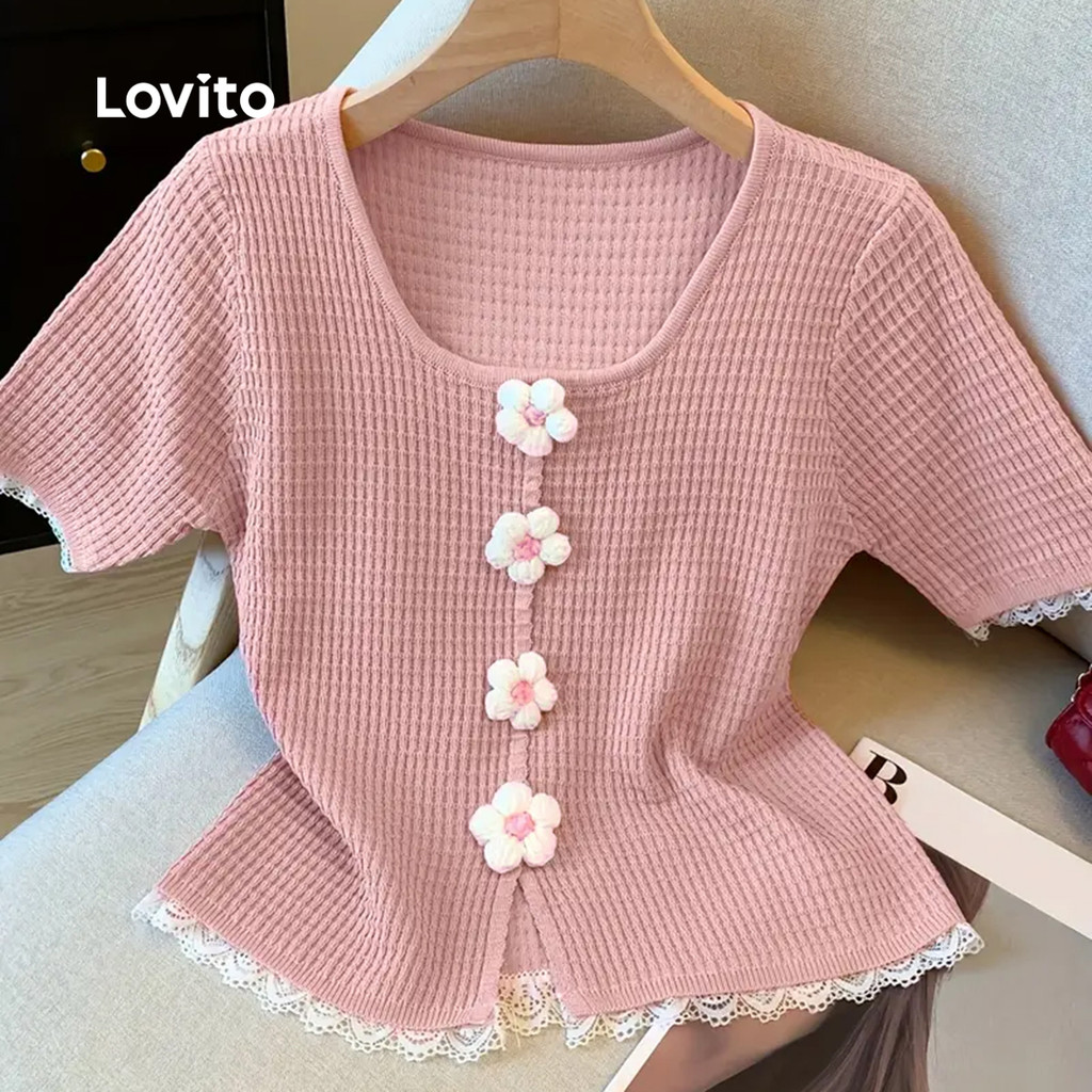 Lovito Camiseta Casual com apliques de textura primavera/verão rosa para mulheres LK3AD324 em Oferta na Shopee