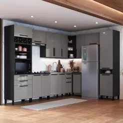 Armário de Cozinha Modulada Completa de Canto Fidelitá Mônaco 9 Peças 549cm 14 Portas 6 Gavetas Sem Tampo Chumbo/Titânio