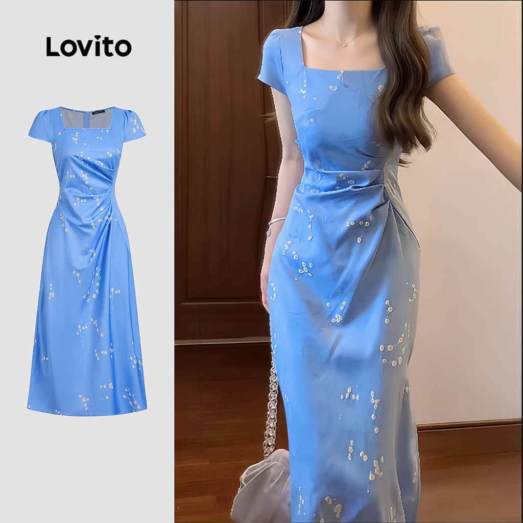 Lovito Elegante Vestido Primavera/verão Azul para Mulheres L177ED342
