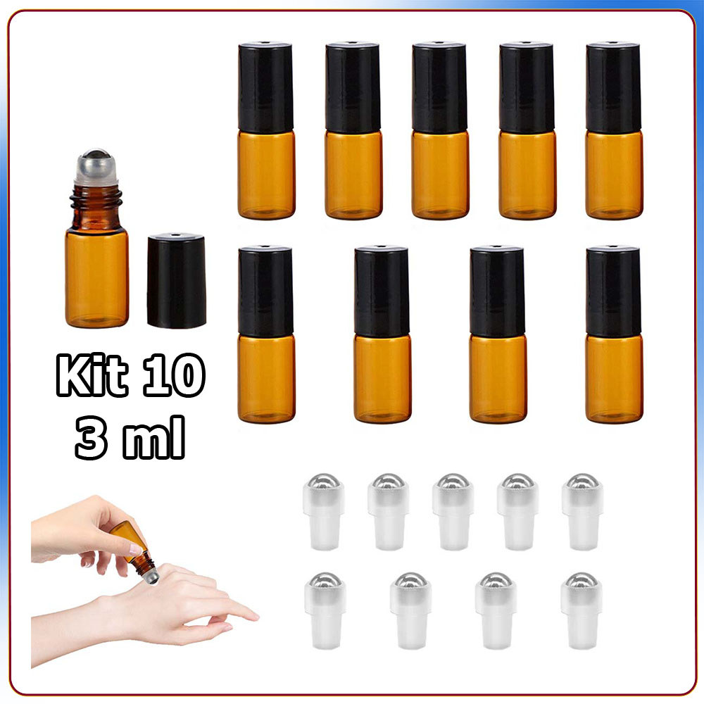 Kit 10 3ml Frasco roll-on vidro âmbar frasco para óleo essencial frasco perfume tampa plástico preta frasco de amostra