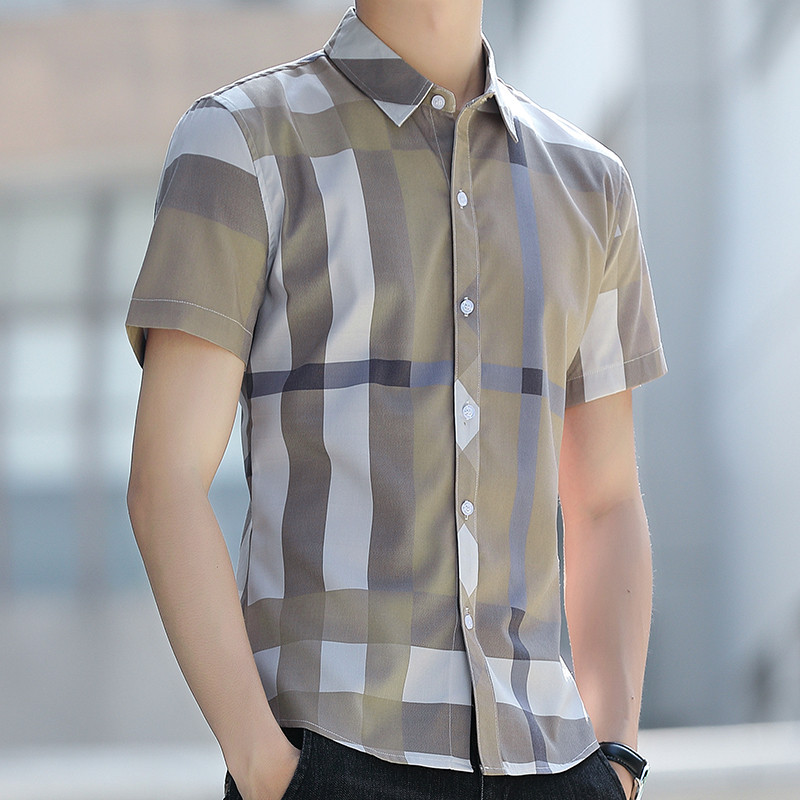 Camisa masculina de manga curta de verão xadrez fino ajuste na moda bonito Casual camisa masculina de negócios elástico 