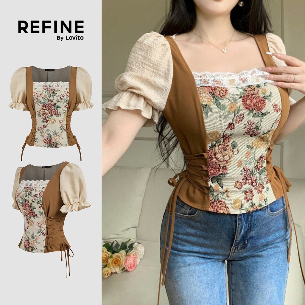 (Lovito Refine) Blusa Boho em Tecido Costura Blocagem de Cores Blusa de Primavera/verão para mulheres LR23E002