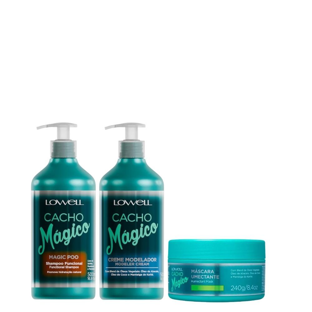 Kit Cachos Mágicos Shampoo 500ml + Máscara 240g + Creme Modelador – Hidratação, Nutrição e Definição de Cachos