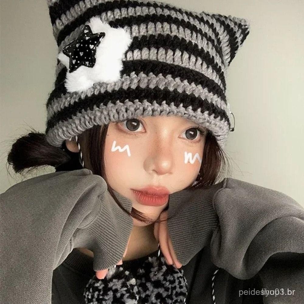 Gorro AMARLIS Y2K, Bonito Chapéu Listrado com Estrelas e Diabinho Y2K, Chapéus Femininos com Orelhas de Gato para Outono