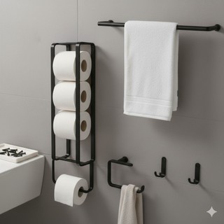 Kit de Banheiro Completo 4 Peças em Metal Suportes Porta Toalhas e Acessórios de Banho Suporte de Papel Higiênico