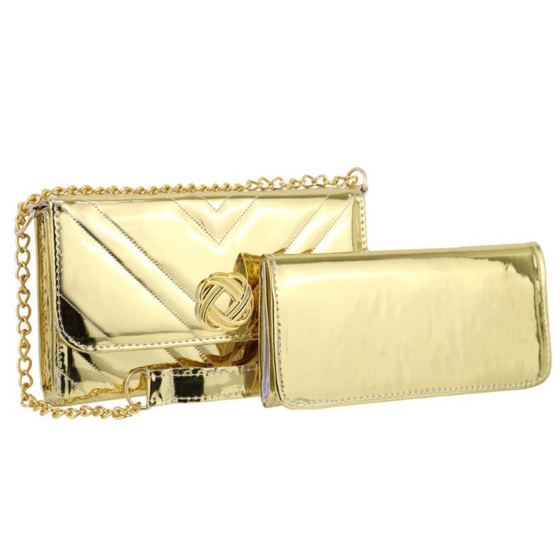 Bolsa Feminina Dourada Metalizada com Carteira Conjunto Luxo Corrente Festa Evento Premium