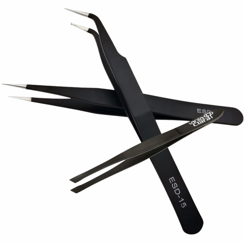 kit 3 Pinças Profissinais Extensão de Cilios e Alongamento Fio a Fio - Pinça Reta + Pinça Curva + Pinça de sobrancelha
