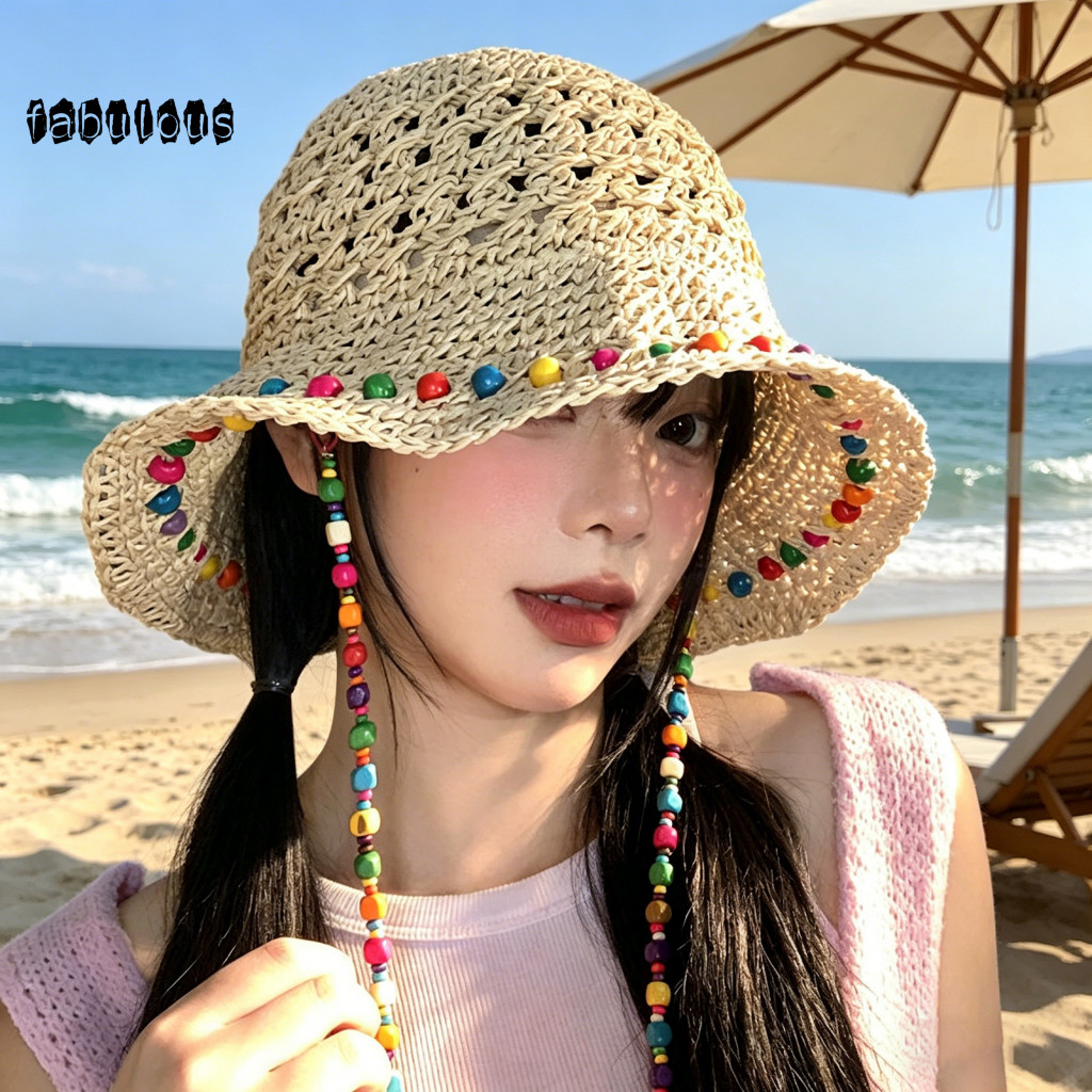 Bohemian Style Hat Straw Wide Brim Fisherman Sun for Women Men High-density Hand-woven Outdoor Beach Cap with Adjustable