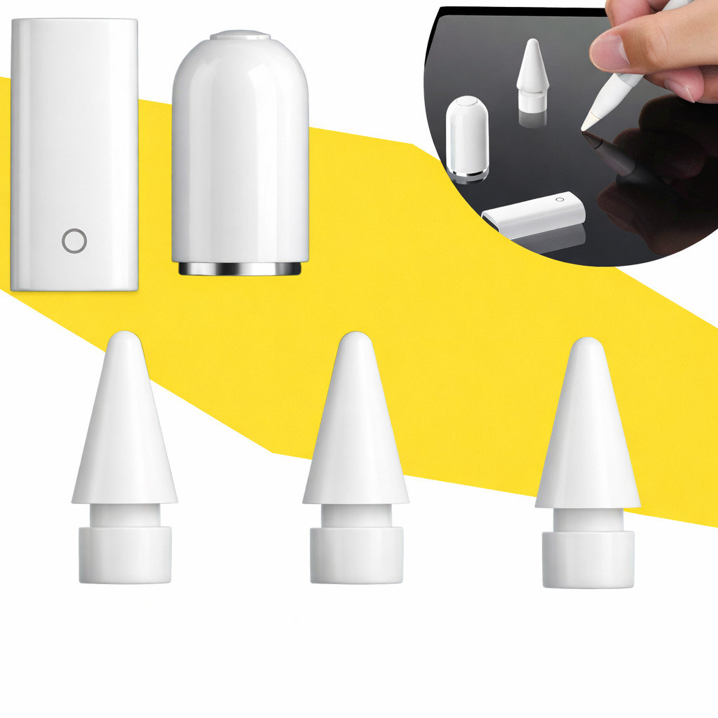 Combo 5 Acessório Apple Pencil 1 Geração 3 Pontas + Tampa Magnética + Adaptador Lightning Branco Premium Kit A1603