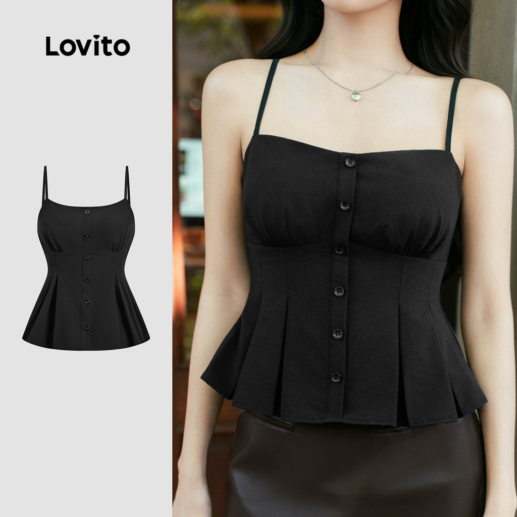 Lovito Casual Top Botão Preto Feminino Primavera/Verão L183ED012