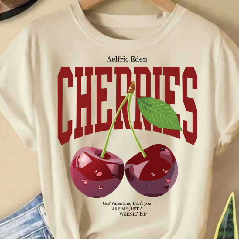 Camiseta Feminina Cherries Oversized 100% Algodão Fio 30.1 Estampada Larga Soltinha Trendy