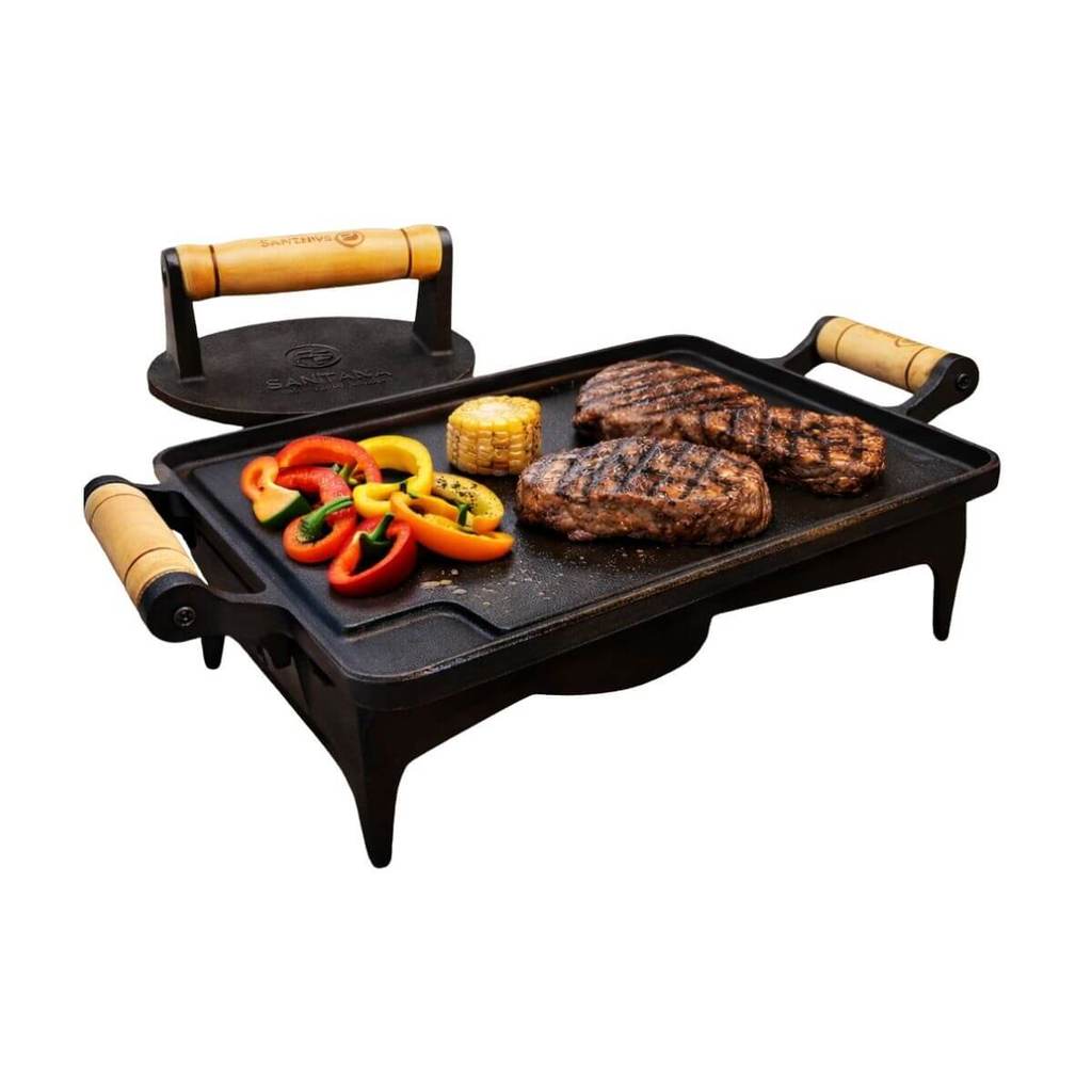 Rechaud Com Prensador De Ferro Fundido Kit Chapa Fogareiro Bifeteira Bistequeira Álcool Churrasco