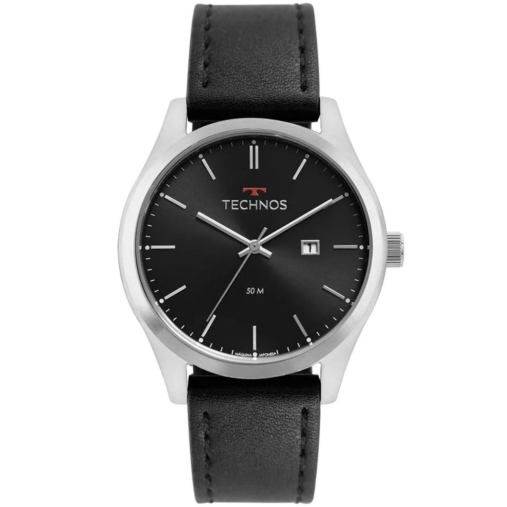 Relógio Masculino Technos Steel Aço Prata Pulseira de Couro Mostrador Preto Calendário 2115MSGS/0P