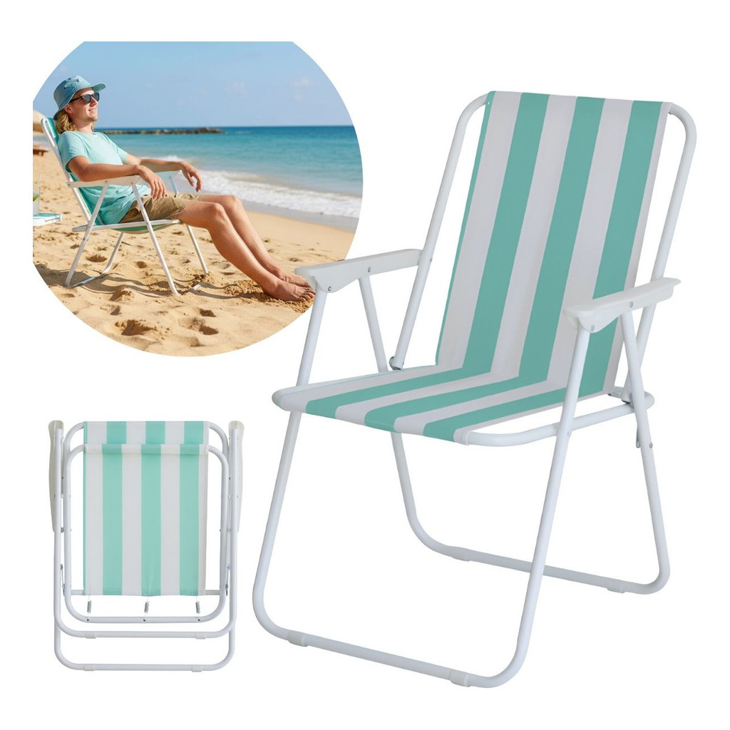 Cadeira de Praia Dobrável Ferro Branco e Verde Com Apoio de Braço Ideal Para Praia Piscina Camping e Lazer