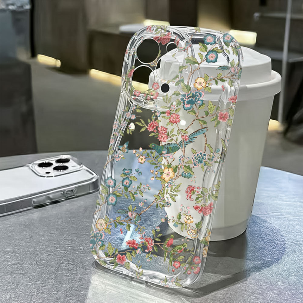 Flor Pássaro Capa Capinha Para iPhone 17 Ar 16 15 14 Plus 13 12 11 Pro Max XR Silicone Transparente