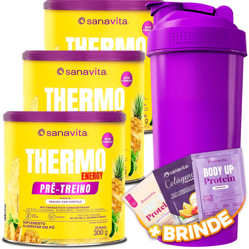 Kit 3x Termogênico Suplemento Thermo Energy Sanavita 300g Pré Treino + Coqueteleira 600ml P/ Treino