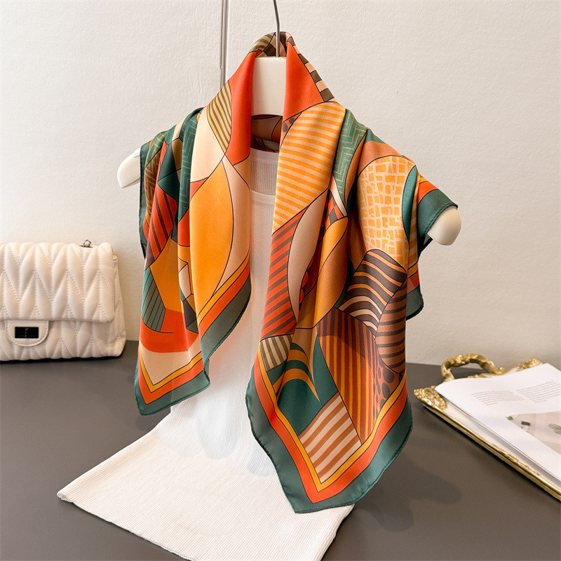 Xale cachecol lenço de seda lenço quadrado lenço linha geométrica impressão simulação seda High-End sentimento All-Match em Oferta na Shopee