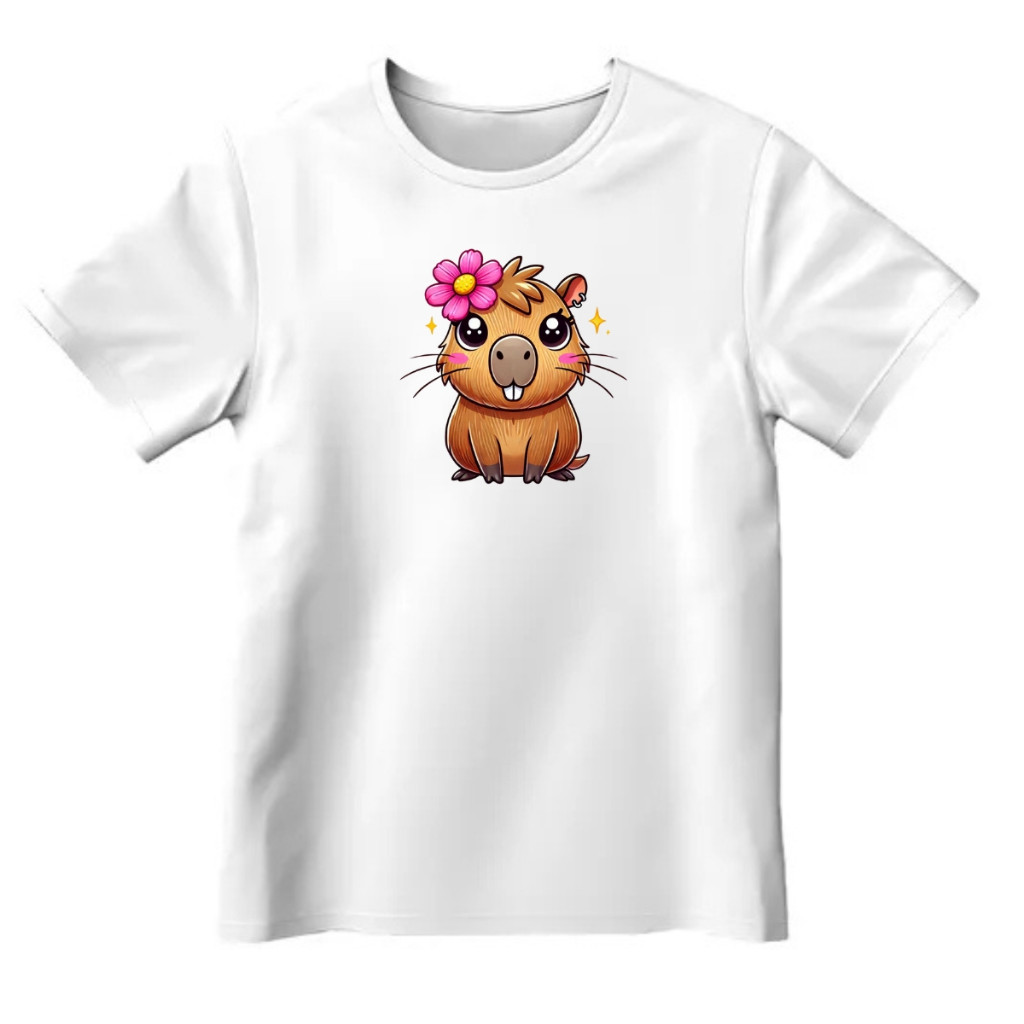 Camiseta Feminina Infantil Estampada Capivara Fofo 100% Algodão Manga Curta Básica Casual Moderno