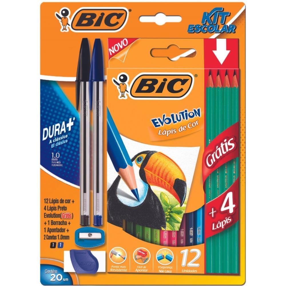 Kit Escolar BIC - 2 Canetas Dura + Lápis de COR + 4 Lápis Preto + Apontador e Borracha