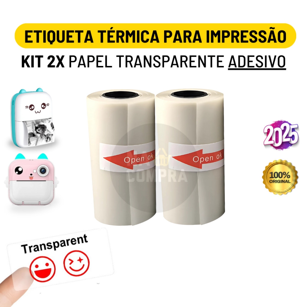 Kit 2 Rolo Etiqueta Adesiva Transparente Térmica 57mm Bobina Para Mini Impressora Portátil em Oferta na Shopee