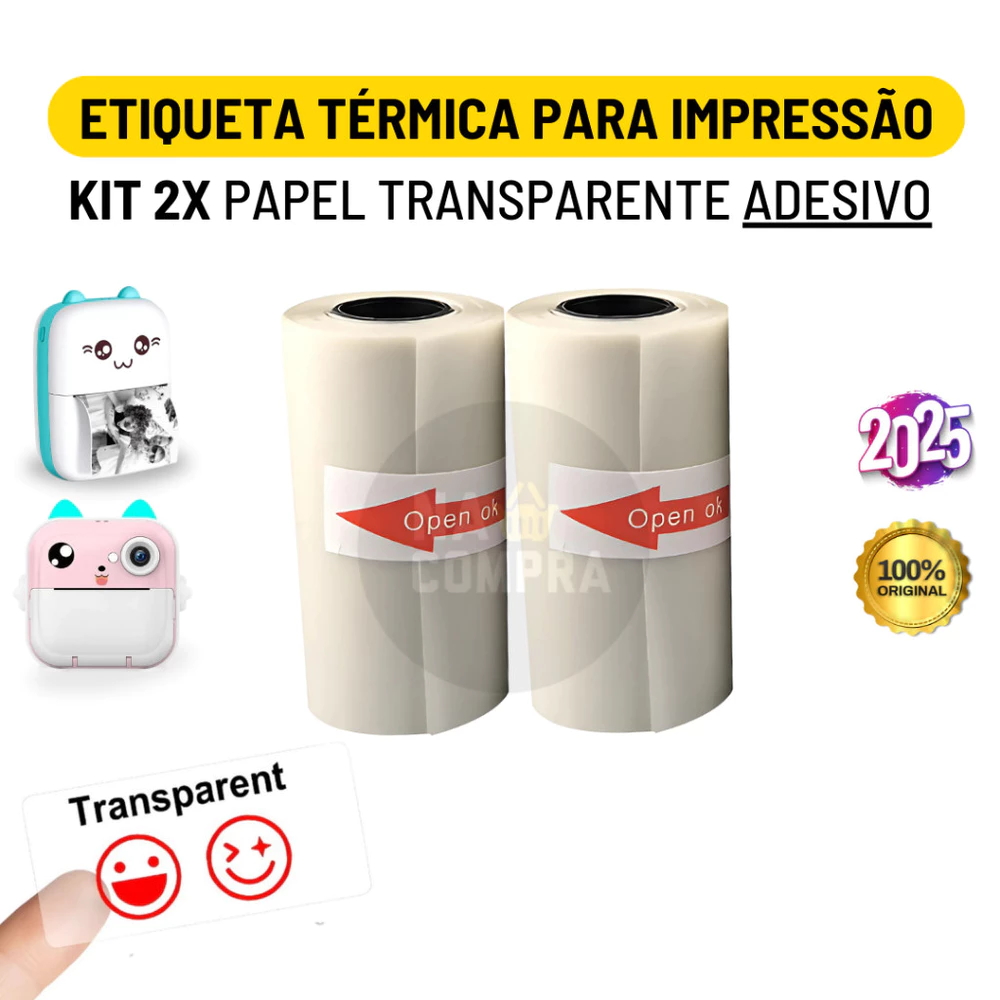 Kit 2 Rolo Etiqueta Adesiva Transparente Térmica 57mm Bobina Para Mini Impressora Portátil