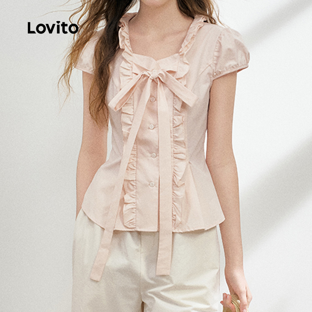 Lovito Blusa Fofa com Laço Primavera/verão Blusa Rosa Claro para Mulheres LK2AD448 em Oferta na Shopee