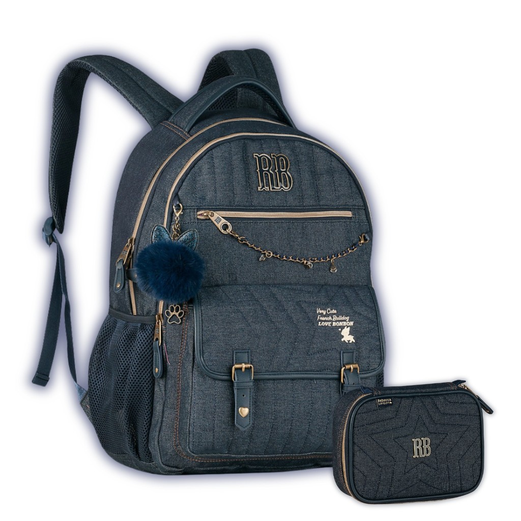 Kit Mochila Rebecca Bonbon de Costas Jeans e Estojo Meninas