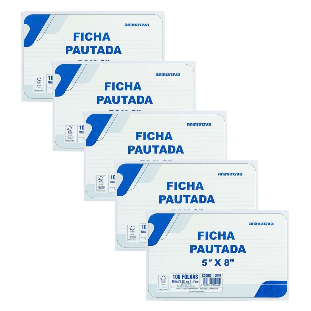 Ficha Pautada 5x8 Pacote 100 Folhas Kit 5 Pacotes Animativa