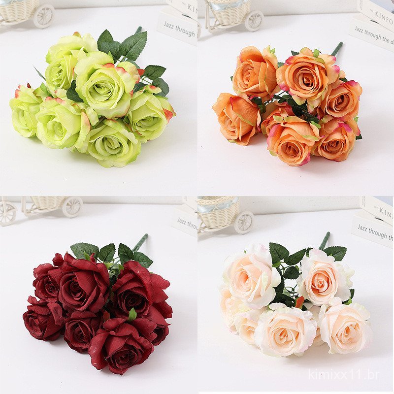 Buquê de Rosas Anna Artificiais para Decoração de Casamento e Casa, Atacado, 7 Cabeças