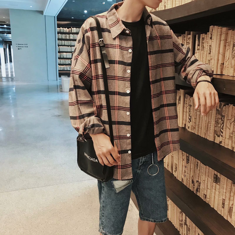 Camisa xadrez masculina de manga comprida versão coreana ins influenciador ferramentas bonito camisa Casual jaqueta esti
