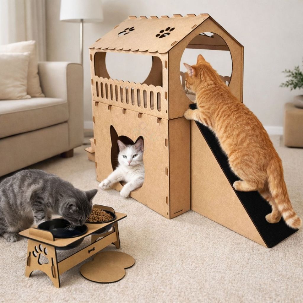 Conjunto Casinha Para Gato 2 Andares MDF Com Escada Rampa Carpete Com Comedouro Duplo E Porta Chaves