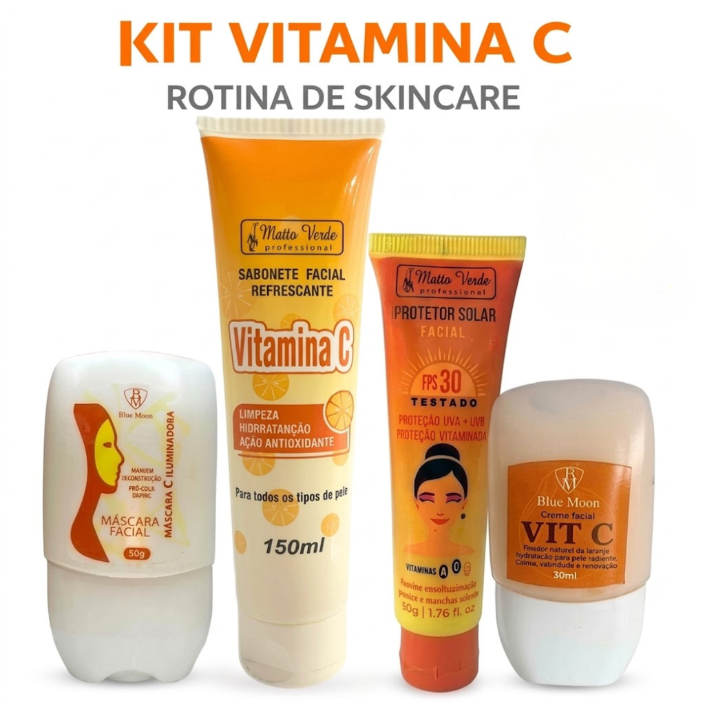 Kit Skincare Vitamina C Limpeza Completa Sabonete Facial Hidratante Máscara Protetor Solar