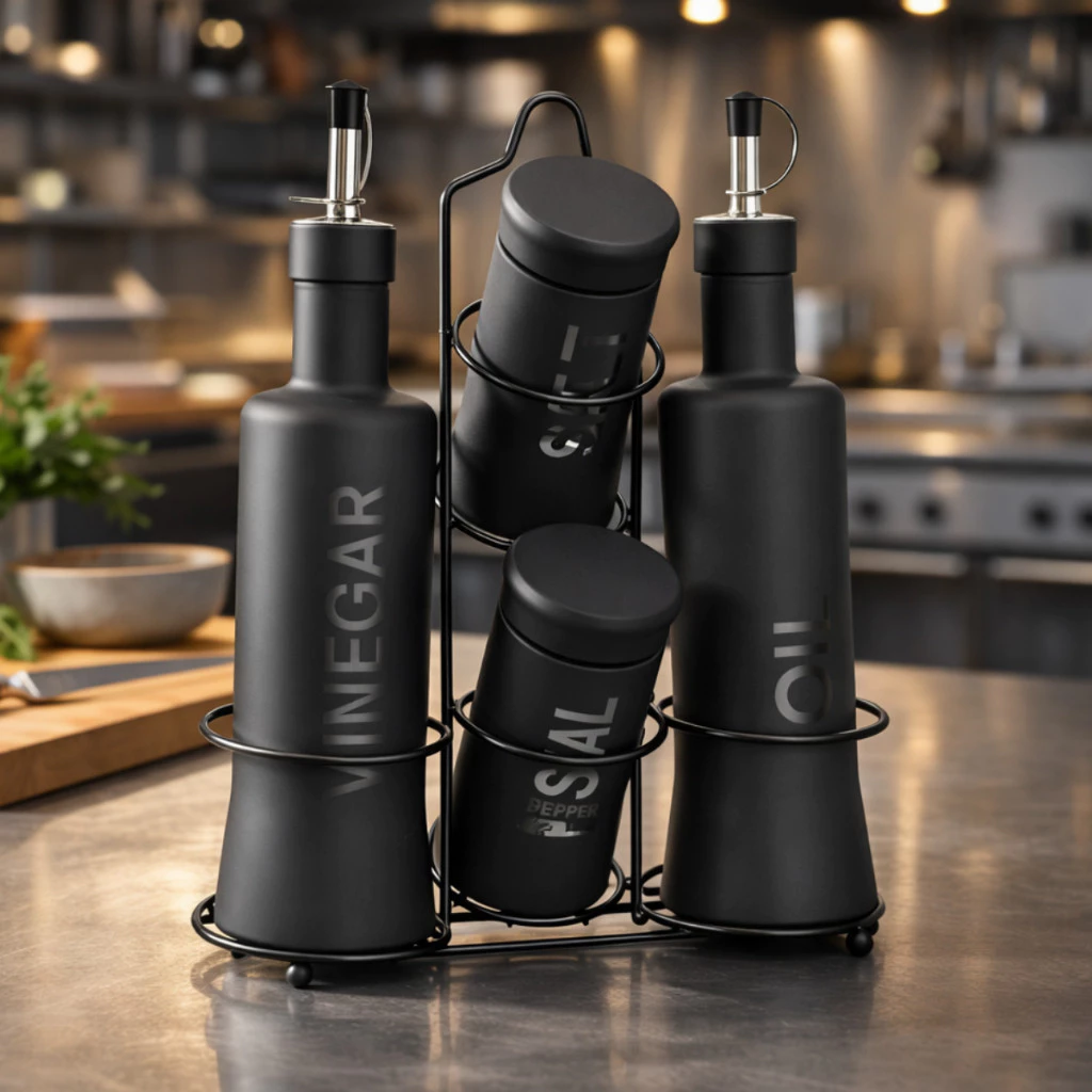 Kit Galheteiro Vidro 5 Peças Azeite Vinagre Saleiro Pimenteiro com Suporte Porta Temperos — imagem 1